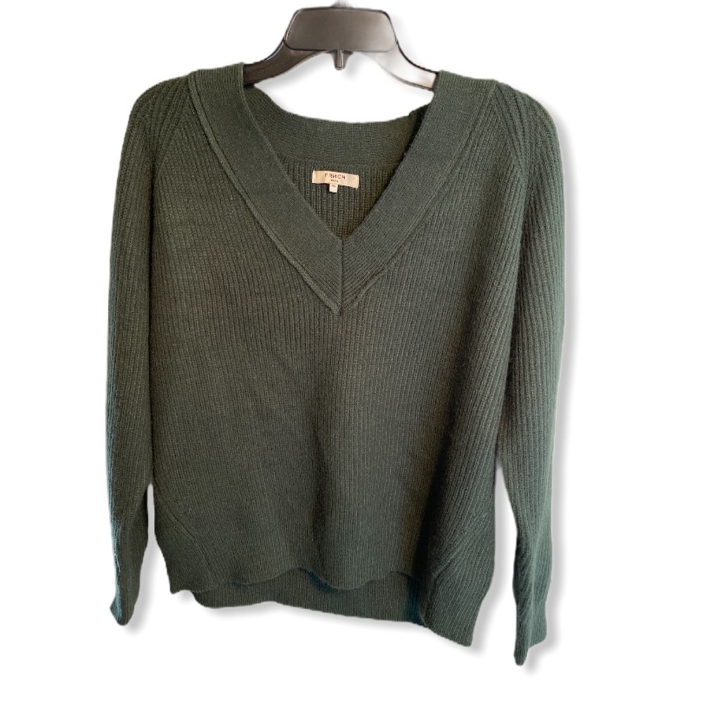 FRNCH V-Neck Rib Knit Pullover Sweater Green